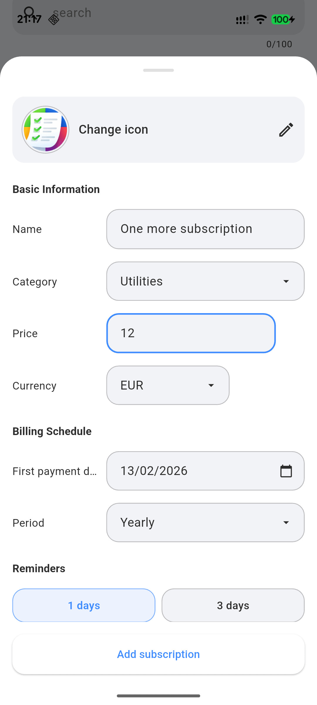 [SCREENSHOT: Add subscription]